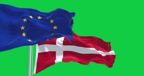 Slow motion loop of Denmark an EU flags waving on a green background Stock Footage 246543908