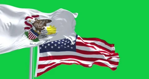 Slow motion loop of Illinois and the US flags waving isolated on green screen Stock Footage 247292684