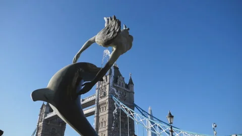 Slow Motion. A low angle view of a fountain and the Tower Bridge. Stock Footage 120932839