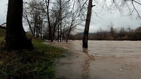 Slow motion low angle water floods river bank grass in autumn season Stock Footage 121283187