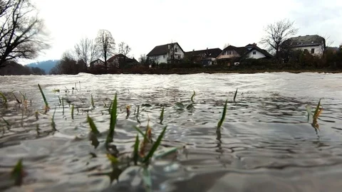 Slow motion low angle water floods river bank grass after season rain Stock Footage 122036060