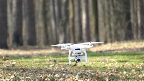 Slow motion. Low flying drone raises leaves wind from screws Stock Footage 73851554
