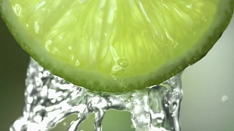 Slow Motion Macro Shot of Flowing Lime Juice from Lime Slice Stock Footage 161120050