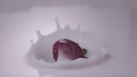 Slow motion, macro shot: Strawberry falling into milk Stock Footage 249586724