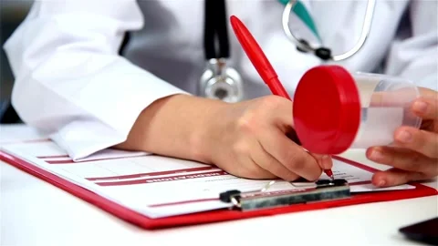 Slow motion. Male physicians hand writing rx prescription doctor in the Stock-Footage 336587653