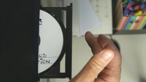 Slow Motion Man Insert Cd in Computer Anti Virus Protection Install Software Vídeo Stock 80747148