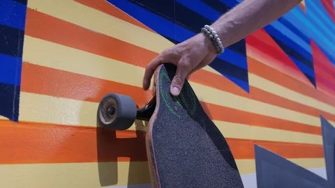 Slow Motion Man Longboarding Along Path By Street Stock Footage 105358593