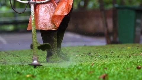 Slow Motion : A man mowing the grass in the garden Stock Footage 76236941