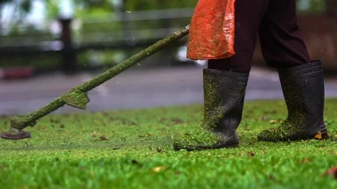 Slow Motion : A man mowing the grass in the garden Stock Footage 76236949
