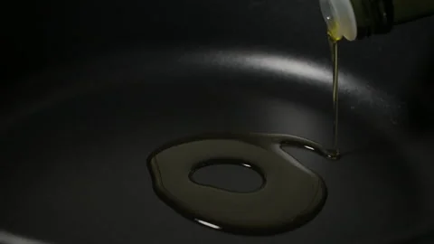Slow Motion Man Pouring Olive Oil From Bottle Into Frying Pan, Closeup. Macro Stock-Footage 145932650