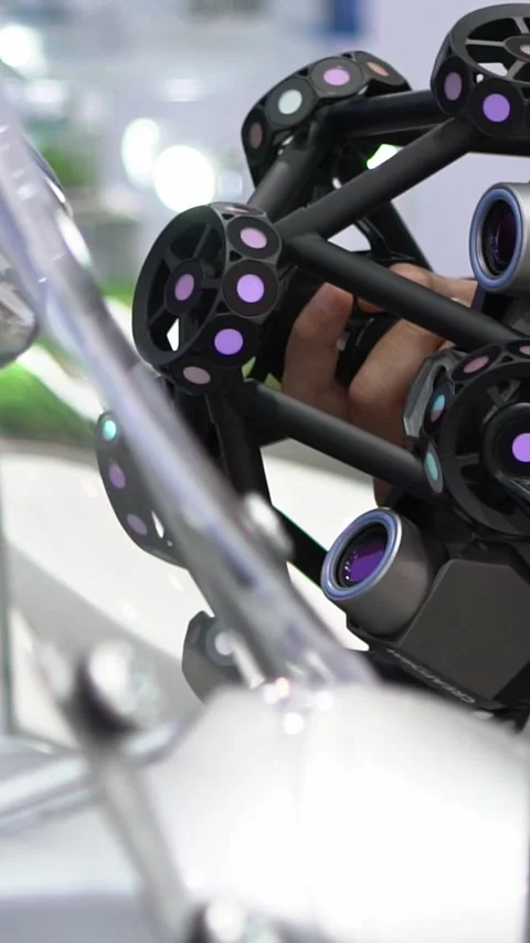 Slow Motion of man scanning a motorcycle using a measuring machine 3D scan. Stock Footage 317718881