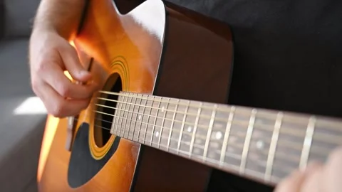 Slow Motion of Man Strumming Acoustic Guitar Stock Footage 332901531