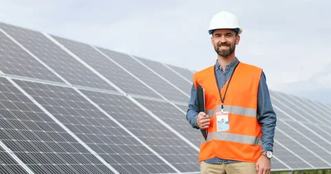 Slow motion of man in uniform of technician engineer on background of rows of Stock Footage 139506908