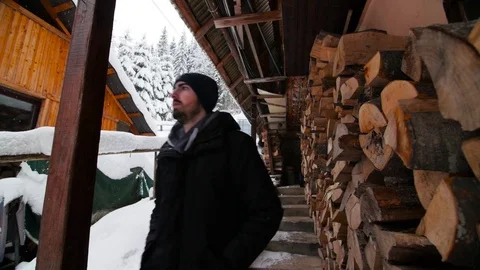 Slow Motion Man Walking Down The Stairs Of A Cabin In The Mountains Stock Footage 85104058