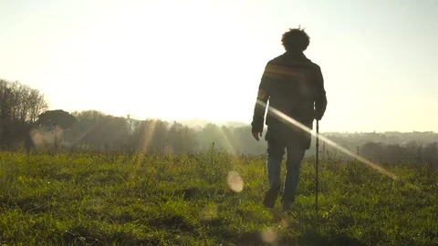 Slow motion of a man walking in nature away from camera at sunset with flare Video stock 73288180