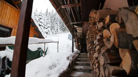 Slow Motion Man Walking Up The Stairs Of A Cabin In The Mountains Stock Footage 85104061
