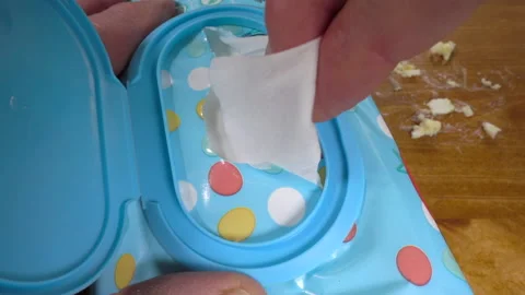 Slow motion – Man’s hand pulling a wet wipe from a re-sealable pack. Stock Footage 131139206