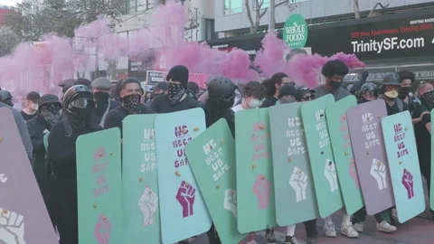 Slow Motion Marching Protesters and Pink Smoke, San Francisco October 2020 Stock Footage 143619484