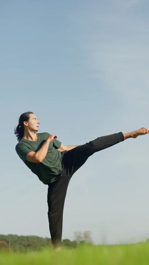 Slow motion. Martial Arts Practitioners Engaged in Nature and Outdoor Activities Stock Footage 294615442