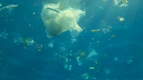 Slow motion, Massive plastic and other debris drifts under surface of the water Stock Footage 149676910