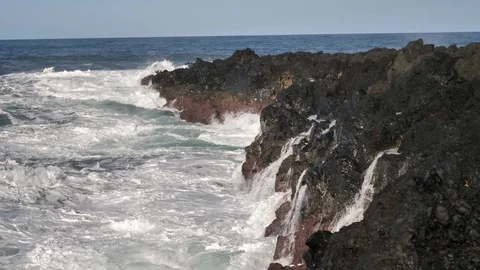 Slow Motion Of Massive Waves Splashing On Volcanic Lava Rocks, Azores Stock Footage 89373085