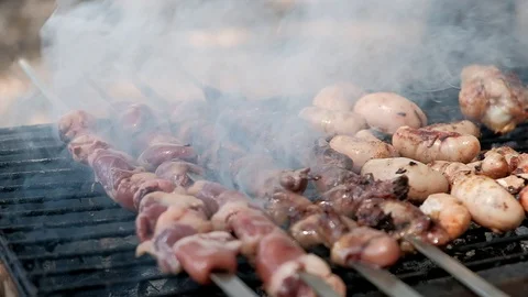 Slow motion meat is fried on coals Stock Footage 109550037