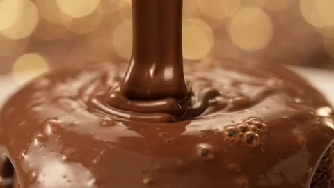 Slow Motion Melted Liquid Chocolate Pouring, Golden Bokeh, Delicious Dessert Stock Footage 345831081