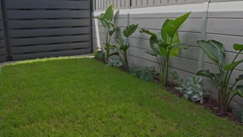 Slow Motion Modern Backyard Green Lawn Plants Rainwater Tanks Retaining Wall Stock Footage 304092040