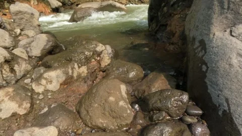Slow motion of mountain river flowing over rocks Stock Footage 307439883