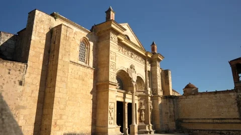Slow motion movement back from the facade of Cathedral of America. Stock Footage 169736726