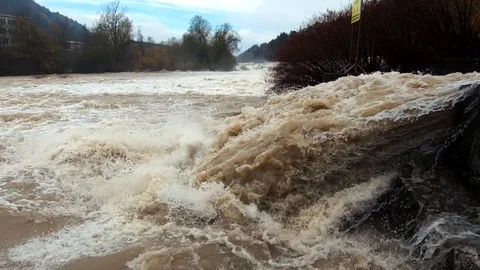 Slow motion moving backward water flow in concrete spillway Stock Footage 120701459