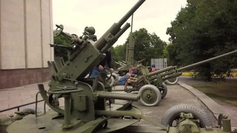 Slow motion, Moving the camera. Children play a ground-to-air missile. Video stock 79467029
