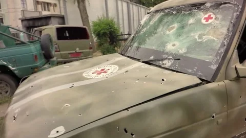 Slow motion, Moving the camera. A wounded medical car. Video stock 79584583