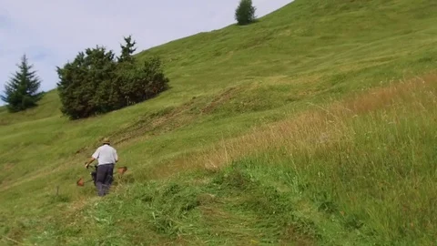 Slow motion of a mower, mowing in high mountains Stock Footage 79722296
