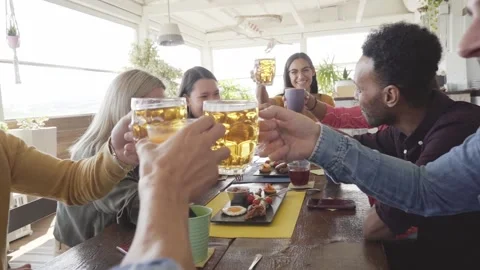 Slow motion of Multicultural People having breakfast drinking coffee and cheers Stock Footage 214501504