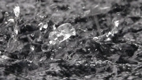 Slow motion of multiple dripping and slash on waving water surface close Stock Footage 99146822