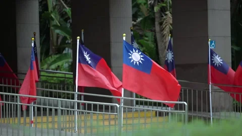 Slow motion of multiple Taiwan flags in front of building entrance 스톡 동영상 313497590
