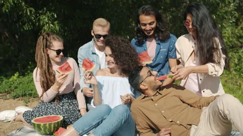 Slow motion of multiracial group of people eating watermelon on picnic in park Vidéo 160750008