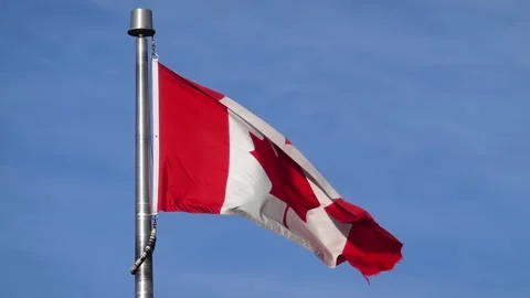 Slow motion of the National flag of Canada waving on a silver flagpole Stock Footage 325587725