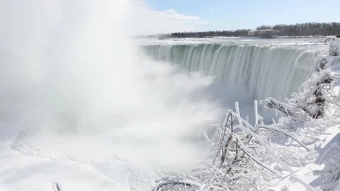 Slow motion of Niagara Falls covered in snow and ice Stock Footage 328059345