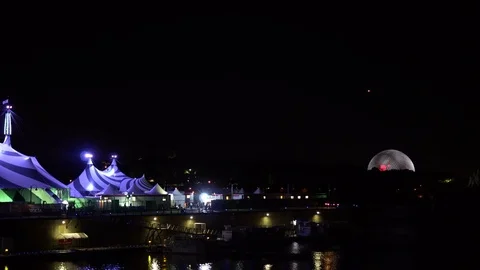 Slow motion night footage of the summer scenery in the old port of Montreal down Stock Footage