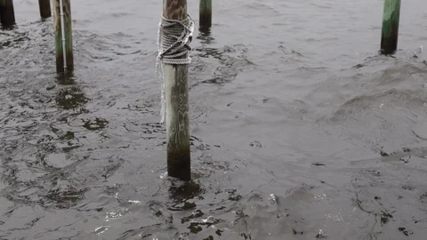 Slow motion ocean water pier posts Stock Footage 111400527