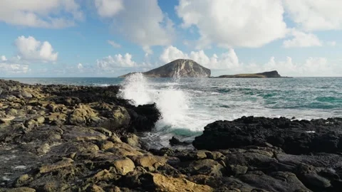 Slow Motion Ocean Wave Impacting Rocky Coastline Stock Footage 326003755