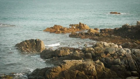 Slow Motion Ocean Waves Washing Over Coastal Rocks Stock Footage 342371748