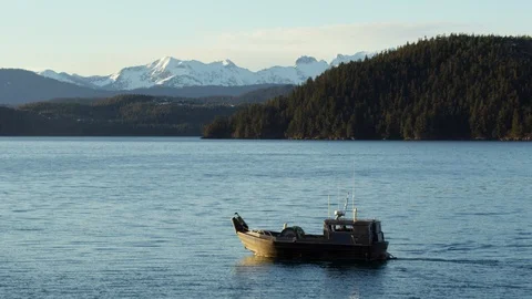 Slow motion of old motor boat floating across mountain lake on sunny day Stock Footage 129109010