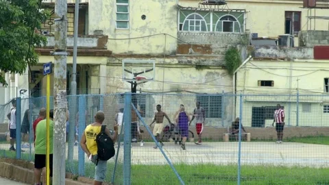 Slow motion. Outdoor basketball game in Havana. Stock Footage