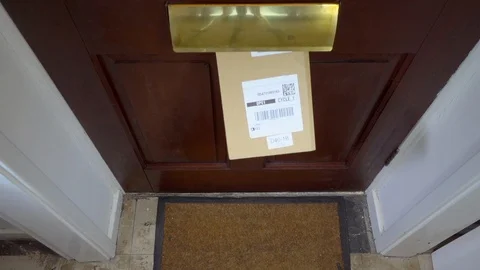 Slow motion: Package coming through letterbox on inside and dropping to floor. Stock Footage 106000267