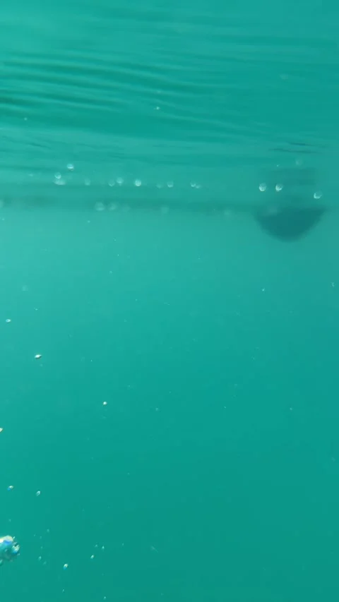 Slow motion paddle moving through clear blue water, seen from below with bubbles Видео 341408863