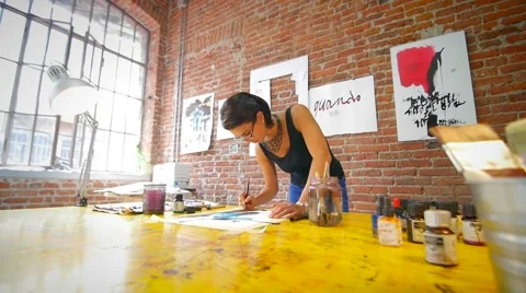 Slow motion of painter working wide shot slidecam 스톡 동영상 59311512