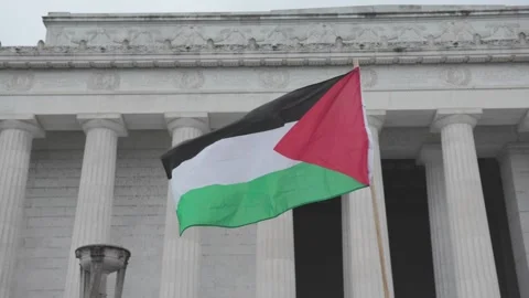 Slow motion Palestinian flag waving in front of Lincoln Memorial Stock Footage 155169071